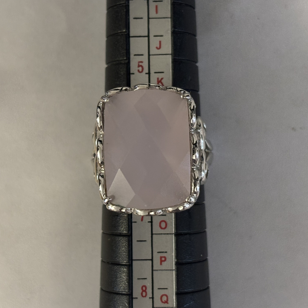 Silver Tone Large Rectangular Faux Rose Quartz Ring